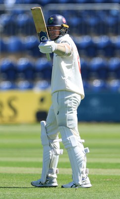 030525 - Glamorgan v Derbyshire, Rothesay County Championship Division 2, Day 2 - Timm van der Gugten of Glamorgan celebrates after scoring his 50