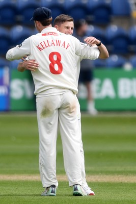 040525 - Glamorgan v Derbyshire - Rothesay County Championship - Andy Gorvin of Glamorgan celebrates taking the wicket of Zak Chappell of Derbyshire with Ben Kellaway of Glamorgan