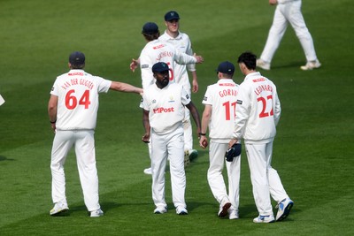 040525 - Glamorgan v Derbyshire - Rothesay County Championship - Asitha Fernando of Glamorgan bowls out Blair Tickner of Derbyshire to take the last wicket