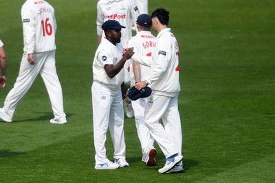 040525 - Glamorgan v Derbyshire - Rothesay County Championship - Asitha Fernando of Glamorgan bowls out Blair Tickner of Derbyshire to take the last wicket
