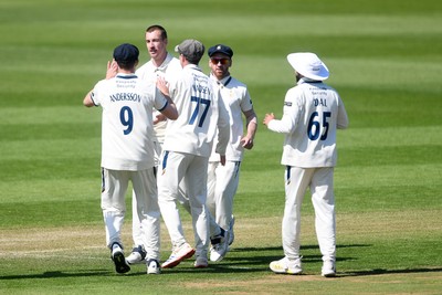 040525 - Glamorgan v Derbyshire - Rothesay County Championship - Asa Tribe of Glamorgan is LBW to Blair Tickner of Derbyshire and celebrates with team mates