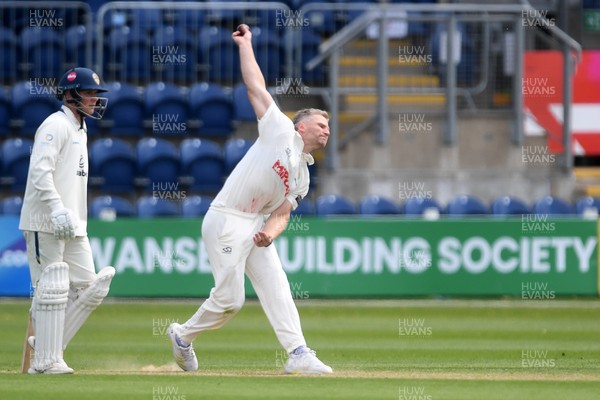 040525 - Glamorgan v Derbyshire - Rothesay County Championship - Timm Van Der Gugten of Glamorgan bowls out Alex Thomson of Derbyshire