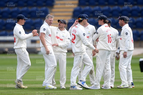 040525 - Glamorgan v Derbyshire - Rothesay County Championship - Timm Van Der Gugten of Glamorgan celebrates taking the wicket of Alex Thomson of Derbyshire with teammates