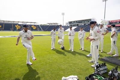 120424 - Glamorgan v Derbyshire - Vitality County Championship, Division Two - David Lloyd and Aneurin Donald of Derbyshire play football before the match