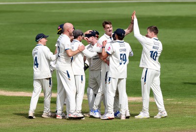 120424 - Glamorgan v Derbyshire - Vitality County Championship, Division Two - Blair Tickner of Derbyshire celebrates after Billy Root of Glamorgan is caught by Brooke Guest