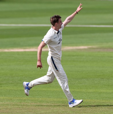 120424 - Glamorgan v Derbyshire - Vitality County Championship, Division Two - Blair Tickner of Derbyshire celebrates taking the wicket of Sam Northeast of Glamorgan