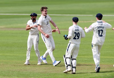 120424 - Glamorgan v Derbyshire - Vitality County Championship, Division Two - Blair Tickner of Derbyshire celebrates taking the wicket of Sam Northeast of Glamorgan