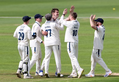 120424 - Glamorgan v Derbyshire - Vitality County Championship, Division Two - Blair Tickner of Derbyshire celebrates taking the wicket of Sam Northeast of Glamorgan