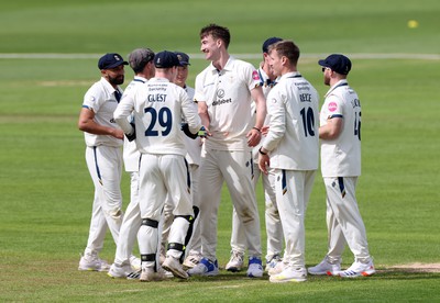 120424 - Glamorgan v Derbyshire - Vitality County Championship, Division Two - Blair Tickner of Derbyshire celebrates taking the wicket of Sam Northeast of Glamorgan