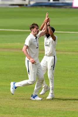 120424 - Glamorgan v Derbyshire - Vitality County Championship, Division 2 - Blair Tickner of Derbyshire celebrates taking the wicket