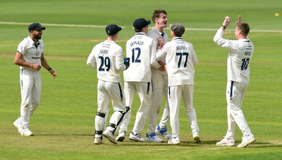 120424 - Glamorgan v Derbyshire - Vitality County Championship, Division 2 - Blair Tickner of Derbyshire celebrates taking the wicket of Sam Northeast of Glamorgan