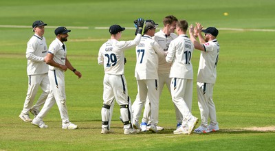 120424 - Glamorgan v Derbyshire - Vitality County Championship, Division 2 - Blair Tickner of Derbyshire celebrates taking the wicket of Sam Northeast of Glamorgan