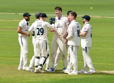 120424 - Glamorgan v Derbyshire - Vitality County Championship, Division 2 - Blair Tickner of Derbyshire celebrates taking the wicket of Sam Northeast of Glamorgan