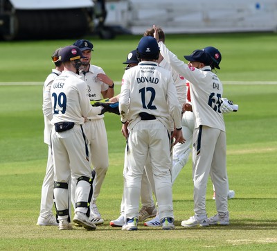 120424 - Glamorgan v Derbyshire - Vitality County Championship, Division 2 - Blair Tickner of Derbyshire celebrates taking the wicket of Sam Northeast of Glamorgan