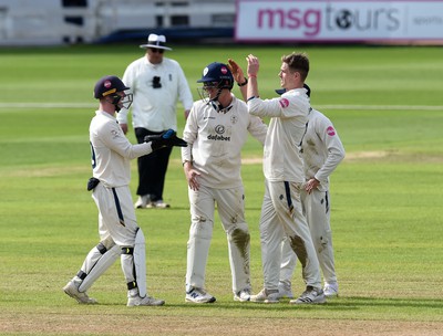 120424 - Glamorgan v Derbyshire - Vitality County Championship, Division 2 - Blair Tickner of Derbyshire celebrates taking the wicket of Sam Northeast of Glamorgan