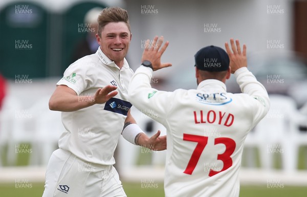 120619 - Glamorgan v Derbyshire, Specsavers County Championship Division 2 - Dan Douthwaite of Glamorgan celebrates with David Lloyd of Glamorgan after Luis Reece of Derbyshire is caught by Graham Wagg of Glamorgan off his bowling