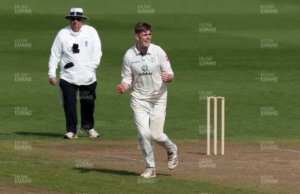 140424 - Glamorgan v Derbyshire - Vitality County Championship, Division Two - Alex Thomson of Derbyshire celebrates taking the wicket of Dan Douthwaite who was caught by Anuj Dal