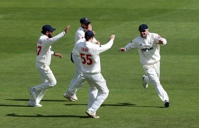 150424 - Glamorgan v Derbyshire - Vitality County Championship, Division Two - Mason Crane of Glamorgan celebrates with team mates after running out David Lloyd of Derbyshire