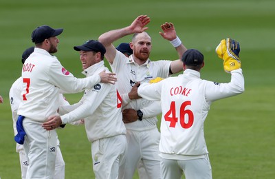 150424 - Glamorgan v Derbyshire - Vitality County Championship, Division Two - James Harris of Glamorgan celebrates taking the wicket of Wayne Madsen of Derbyshire