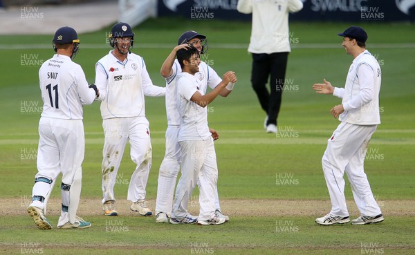 290617 - Glamorgan v Derbyshire - Specsavers County Championship Division Two - Hamidullah Qadri of Derbyshire celebrates with team mates after the final wicket falls