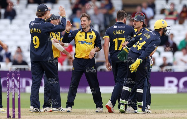 190821 - Glamorgan v Durham - Royal London One Day Final - Andrew Salter of Glamorgan celebrates after taking the wicket of Alex Lees