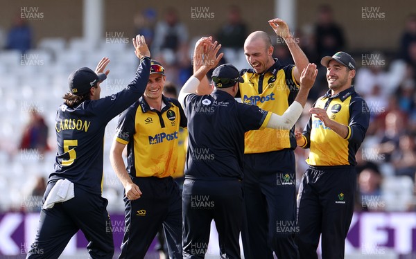 190821 - Glamorgan v Durham - Royal London One Day Final - James Weighell of Glamorgan celebrates after Steven Reingold of Glamorgan catches the ball to dismiss Scott Borthwick