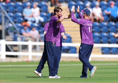 070826 - Glamorgan v Essex, Metro Bank One Day Cup - Mackenzie Jones of Essex celebrates as Harry Wallace of Glamorgan is caught by Simon Fernandes of Essex of his bowling
