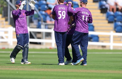 070826 - Glamorgan v Essex, Metro Bank One Day Cup - Mackenzie Jones of Essex celebrates as Harry Wallace of Glamorgan is caught by Simon Fernandes of Essex of his bowling