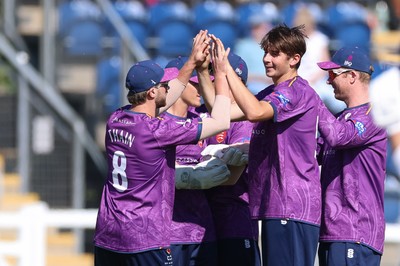 070826 - Glamorgan v Essex, Metro Bank One Day Cup - Mackenzie Jones of Essex celebrates as Harry Wallace of Glamorgan is caught by Simon Fernandes of Essex of his bowling