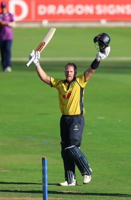 070826 - Glamorgan v Essex, Metro Bank One Day Cup - Timm van der Gugten of Glamorgan celebrates as he makes his 100