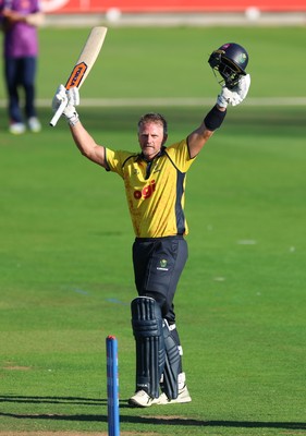 070826 - Glamorgan v Essex, Metro Bank One Day Cup - Timm van der Gugten of Glamorgan celebrates as he makes his 100