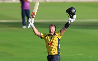 070826 - Glamorgan v Essex, Metro Bank One Day Cup - Timm van der Gugten of Glamorgan celebrates as he makes his 100