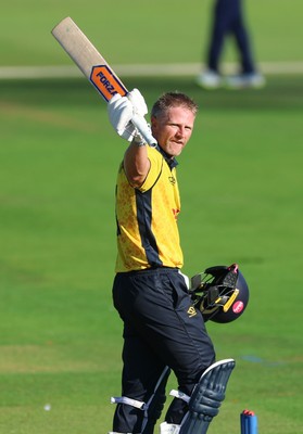 070826 - Glamorgan v Essex, Metro Bank One Day Cup - Timm van der Gugten of Glamorgan celebrates as he makes his 100