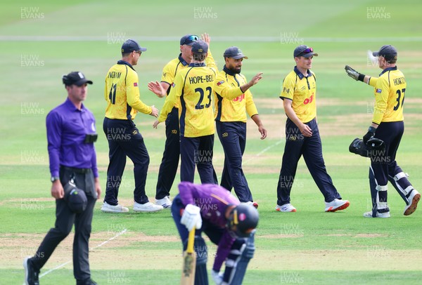 070826 - Glamorgan v Essex, Metro Bank One Day Cup - Glamorgan celebrate after Timm van der Gugten of Glamorgan catches Luc Benkenstein of Essex off the bowling of Dan Douthwaite of Glamorgan for 140