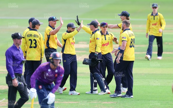070826 - Glamorgan v Essex, Metro Bank One Day Cup - Glamorgan celebrate after Timm van der Gugten of Glamorgan catches Luc Benkenstein of Essex off the bowling of Dan Douthwaite of Glamorgan for 140