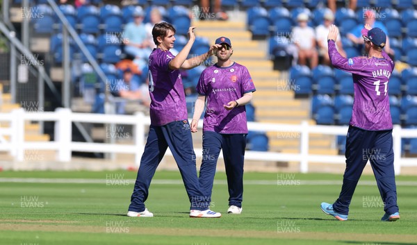 070826 - Glamorgan v Essex, Metro Bank One Day Cup - Mackenzie Jones of Essex celebrates as Harry Wallace of Glamorgan is caught by Simon Fernandes of Essex of his bowling