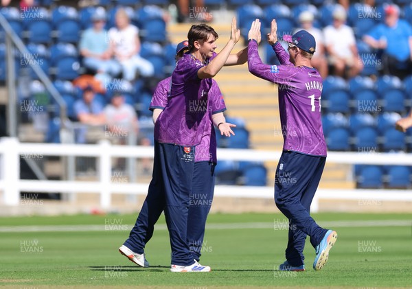 070826 - Glamorgan v Essex, Metro Bank One Day Cup - Mackenzie Jones of Essex celebrates as Harry Wallace of Glamorgan is caught by Simon Fernandes of Essex of his bowling
