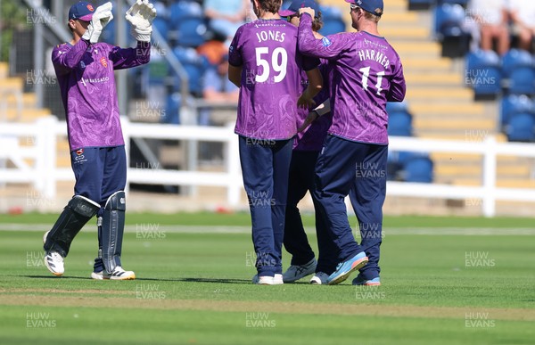 070826 - Glamorgan v Essex, Metro Bank One Day Cup - Mackenzie Jones of Essex celebrates as Harry Wallace of Glamorgan is caught by Simon Fernandes of Essex of his bowling