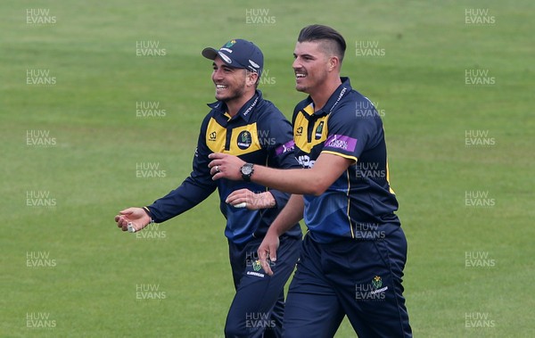 170419 - Glamorgan Cricket v Essex - Royal London One-Day Cup - Marchant De Lange of Glamorgan celebrates with Kiran Carlson as Alastair Cook is caught by Marnus Labuschagne