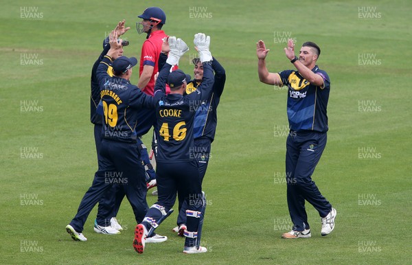 170419 - Glamorgan Cricket v Essex - Royal London One-Day Cup - Marchant De Lange of Glamorgan celebrates with team mates as Alastair Cook is caught by Marnus Labuschagne