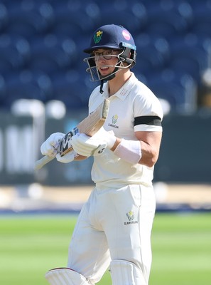 240926 Glamorgan v Essex, Rothesay County Championship Division 1 - Asa Tribe of Glamorgan celebrates as he makes his 50