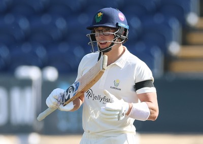 240926 Glamorgan v Essex, Rothesay County Championship Division 1 - Asa Tribe of Glamorgan celebrates as he makes his 50