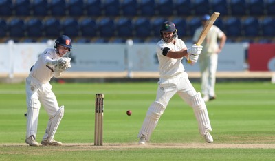 240926 Glamorgan v Essex, Rothesay County Championship Division 1 - Kiran Carlson of Glamorgan plays a shot