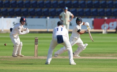 240926 Glamorgan v Essex, Rothesay County Championship Division 1 - Kiran Carlson of Glamorgan plays a shot