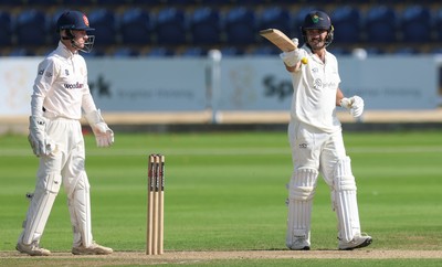 240926 Glamorgan v Essex, Rothesay County Championship Division 1 - Kiran Carlson of Glamorgan celebrates as he makes his 50