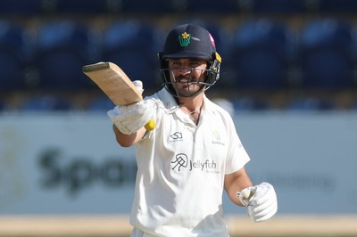 240926 Glamorgan v Essex, Rothesay County Championship Division 1 - Kiran Carlson of Glamorgan celebrates as he makes his 50