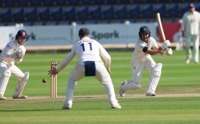 240926 Glamorgan v Essex, Rothesay County Championship Division 1 - Kiran Carlson of Glamorgan plays a shot