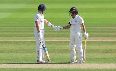 240926 Glamorgan v Essex, Rothesay County Championship Division 1 - Asa Tribe of Glamorgan and Kiran Carlson of Glamorgan on their way to to their 100 partnership