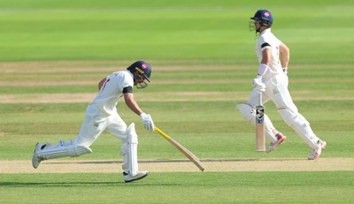 240926 Glamorgan v Essex, Rothesay County Championship Division 1 - Kiran Carlson of Glamorgan and Asa Tribe of Glamorgan  on their way to to their 100 partnership