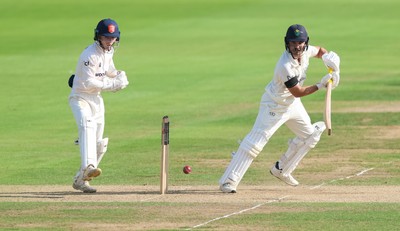 240926 Glamorgan v Essex, Rothesay County Championship Division 1 - Kiran Carlson of Glamorgan hits a four